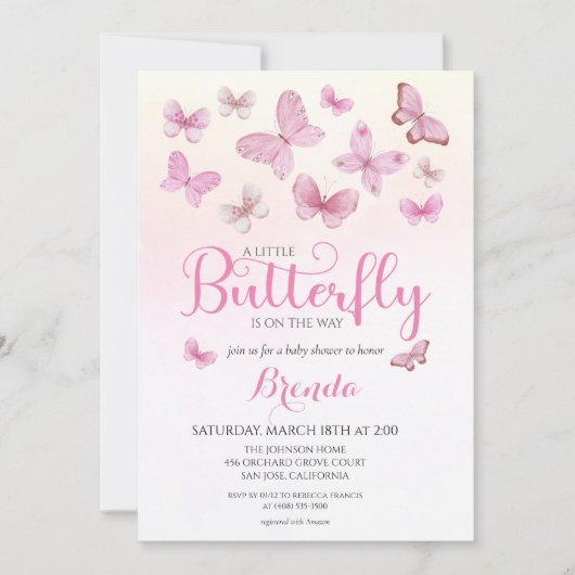 ピンクの水色リトルバタフライガールベビーシャワー 招待状 (正面)