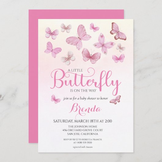 ピンクの水色リトルバタフライガールベビーシャワー 招待状 (正面/裏面)