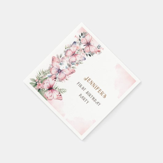 ピンクの水色リトルバタフライガール1st誕生日 スタンダードカクテルナプキン (角)