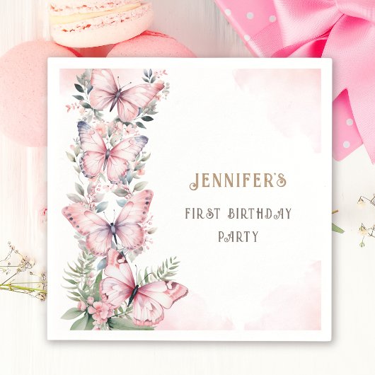 ピンクの水色リトルバタフライガール1st誕生日 スタンダードカクテルナプキン