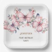 ピンクの水色リトルバタフライガール1st誕生日 ペーパープレート (正面)