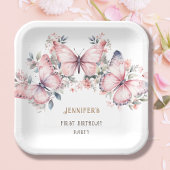 ピンクの水色リトルバタフライガール1st誕生日 ペーパープレート