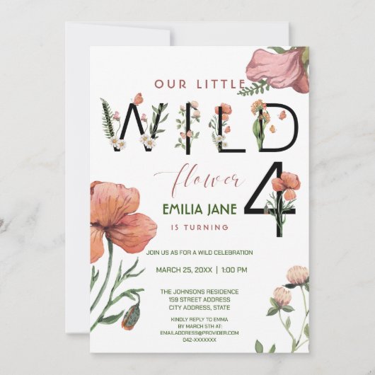 ピンクの水色リトルポピー4th誕生日 招待状 (正面)