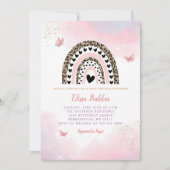 ピンクの水色レインボーバタフライガールベビーシャワー 招待状 (正面)