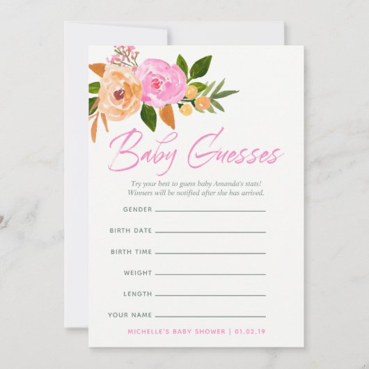 ピンクの水色ワイルドフラワーベビー予測ゲーム 招待状 (正面)