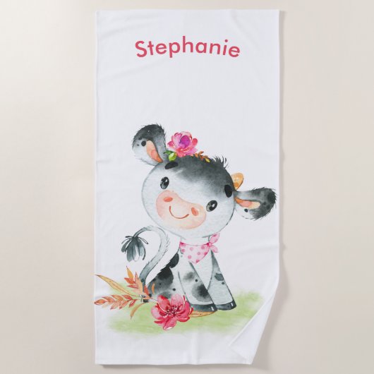 ピンクの水色小牛 ビーチタオル (正面)