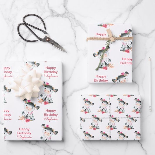 ピンクの水色小牛 ラッピングペーパーシート (正面)