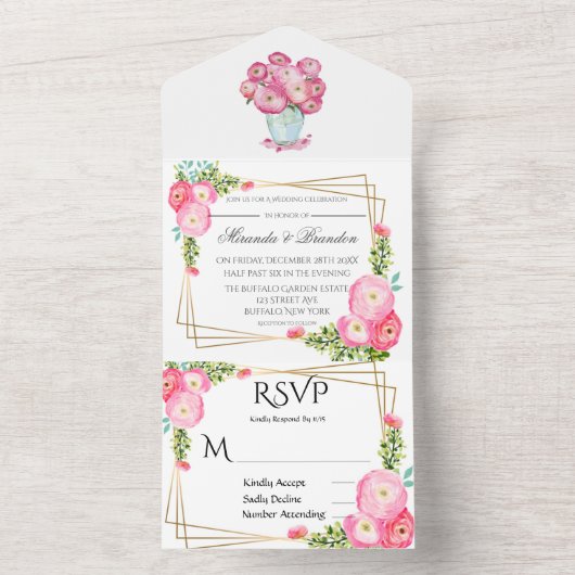 ピンクの水色牡丹金ゴールド幾何結婚の オールインワン招待状 (内側)