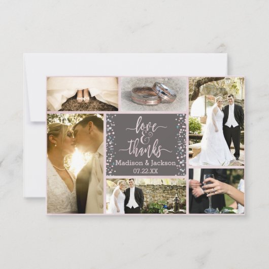 ピンクの水色紙吹雪結婚の感謝の写真 サンキューカード (正面)