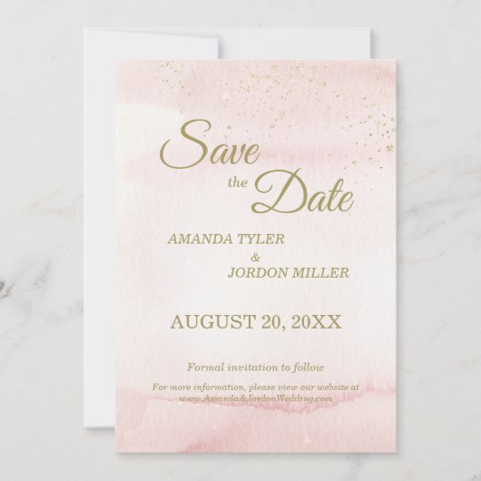 ピンクの水色金ゴールドタイプ結婚式の日付を保存 セーブザデート (正面)