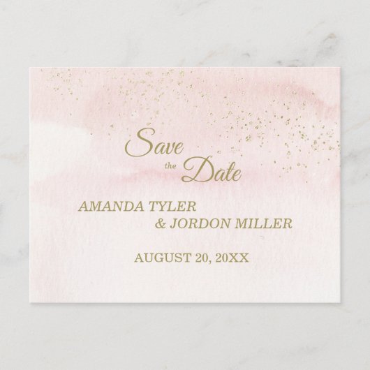 ピンクの水色金ゴールドタイプ結婚式の日付を保存 案内ポストカード (正面)