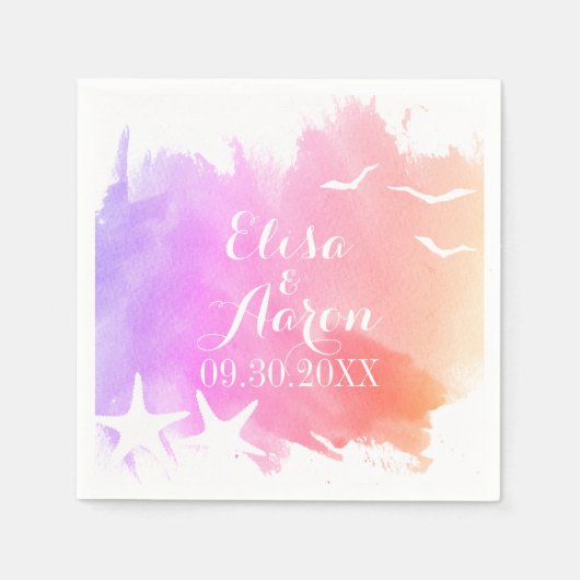 ピンクの水色、ヒトデの夏ビーチ結婚式 スタンダードカクテルナプキン (正面)