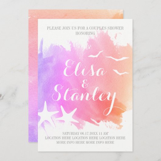 ピンクの水色、ヒトデの結婚カップルのシャワー 招待状 (正面/裏面)