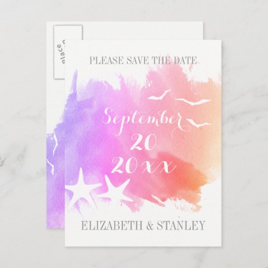ピンクの水色、ヒトデの結婚式の日付を保存 案内ポストカード (正面/裏面)