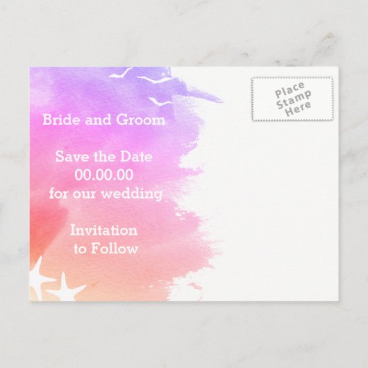 ピンクの水色、ヒトデの結婚式の日付を保存 案内ポストカード (裏面)