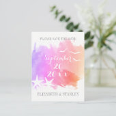 ピンクの水色、ヒトデの結婚式の日付を保存 案内ポストカード (スタンド正面)