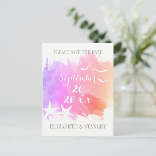ピンクの水色、ヒトデの結婚式の日付を保存 案内ポストカード (スタンド正面)