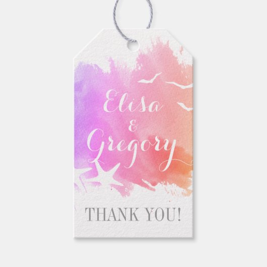 ピンクの水色、ヒトデビーチ結婚式ありがとう ギフトタグ (正面)