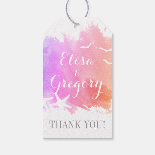 ピンクの水色、ヒトデビーチ結婚式ありがとう ギフトタグ (裏面)