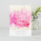 ピンクの水色、金ゴールド紙吹雪結婚書道 招待状 (スタンド正面)