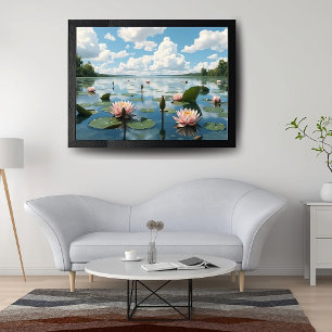 ピンクの水花と曇り空が望める風景 ポスター