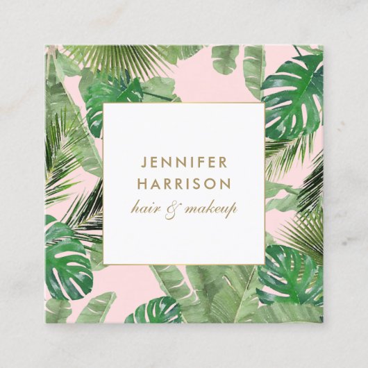 ピンクの水葉色熱帯パターン スクエア名刺 (正面)