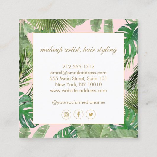 ピンクの水葉色熱帯パターン スクエア名刺 (裏面)