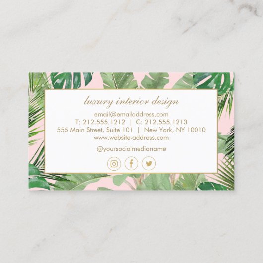 ピンクの水葉色熱帯パターン 名刺 (裏面)