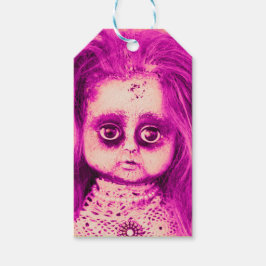 ピンクの汚れた髪の不気味な人形の頭 ギフトタグ