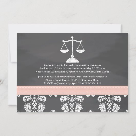 ピンクの法律学校の黒板の卒業の発表 招待状 (裏面)