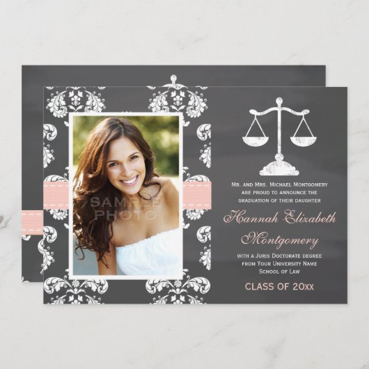 ピンクの法律学校の黒板の卒業の発表 招待状 (正面/裏面)