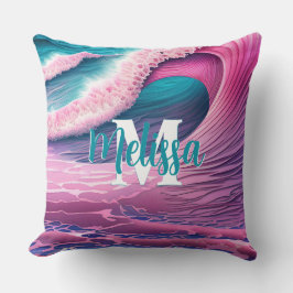 ピンクの波オンビーチモノグラム クッション