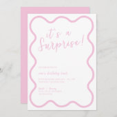 ピンクの波打はっきりしたちモダンの誕生日パーティー 招待状 (正面/裏面)