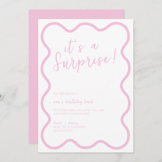 ピンクの波打はっきりしたちモダンの誕生日パーティー 招待状 (正面/裏面)