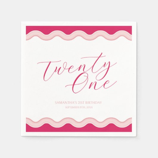 ピンクの波状の湾曲した波状の女の子21st誕生日 スタンダードカクテルナプキン (正面)