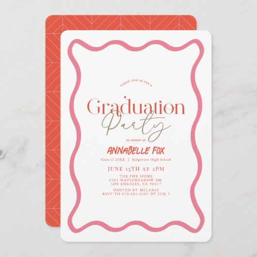 ピンクの波状フレームトレンディー卒業 招待状 (正面/裏面)