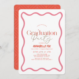 ピンクの波状フレームトレンディー卒業 招待状