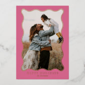 ピンクの波状フレームモダン、休日、家族のフォトカード 箔シーズンカード (正面)