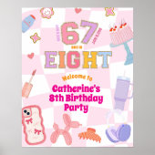 ピンクの波状レトロ67歳8歳の誕生日ウェルカムサイン ポスター (正面)