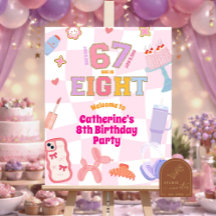 ピンクの波状レトロ67歳8歳の誕生日ウェルカムサイン