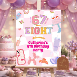 ピンクの波状レトロ67歳8歳の誕生日ウェルカムサイン ポスター