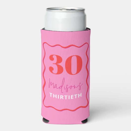 ピンクの波状30th誕生日パーティー スリム缶クーラー (Seltzer正面)