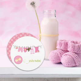 ピンクの洗濯物干しラインのベビーシャワー招待状 招待状