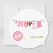 ピンクの洗濯物干しラインのベビーシャワー招待状 招待状 (正面)