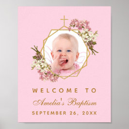 ピンクの洗礼の女の子の写真 オーキッド ゴールドのウェルカムサイン ポスター