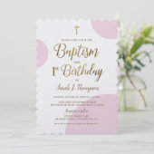 ピンクの洗礼式と1歳の誕生日ゴールドクロス 招待状 (スタンド正面)