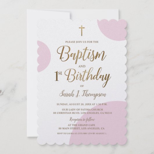 ピンクの洗礼式と1歳の誕生日ゴールドクロス 招待状 (正面)