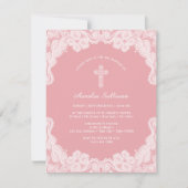 ピンクの洗礼招待状の白いレース 招待状 (正面)