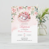 ピンクの洗礼靴 女の子 赤ちゃん スリッパ ブッシュローズ 招待状 (スタンド正面)