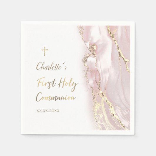ピンクの流体大理石ファースト・コミュニオン スタンダードカクテルナプキン (正面)